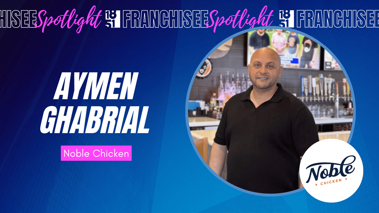 Award-Winning Wings and Rings Owner Aymen Ghabrial Becomes franchisee spotlight graphic with photo of Aymen Ghabrial and Noble Chicken logo