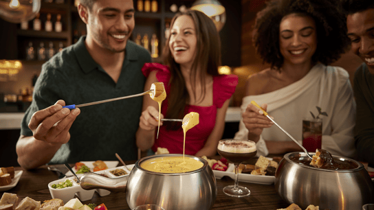 photo of four people around a table at Melting Pot, enjoying cheese and chocolate fondue