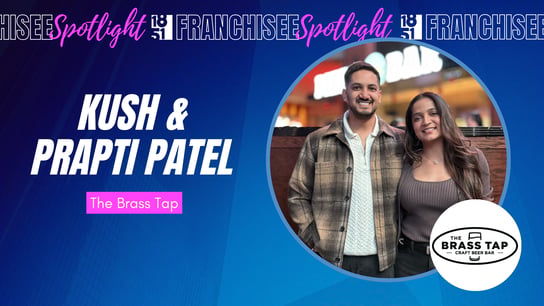 Franchisee spotlight graphic with photo of Kush and Prapti Patel and The Brass Tap logo