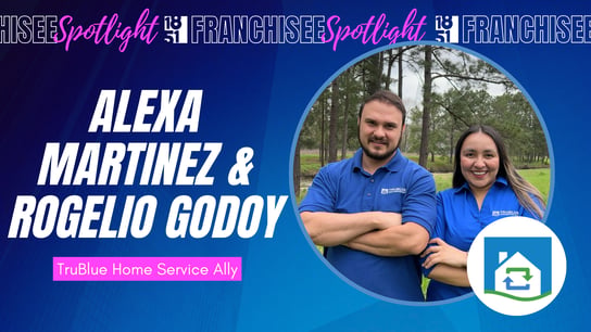 Franchisee spotlight graphic with photo of Alexa Martinez & Rogelio Godoy and TruBlue logo