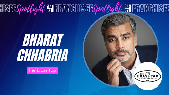 Franchisee spotlight graphic with photo of Bharat Chhabria and The Brass Tap logo