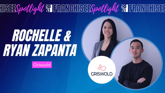 Franchisee spotlight graphic with photo of Rochelle & Ryan Zapanta and Griswold logo