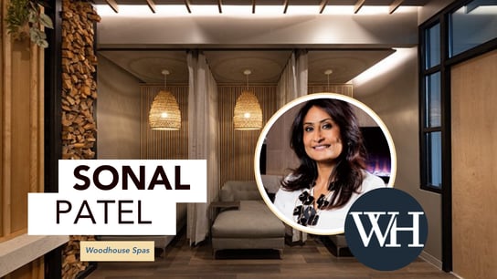 Photo of interior of Woodhouse Spa with logo and Sonal Patel headshot overlayed