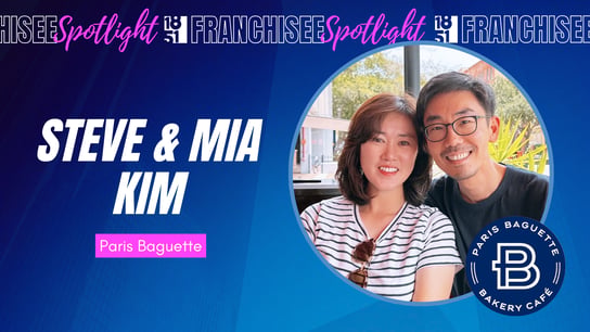 1851 Franchisee Spotlight graphic with photo of Steve & Mia Kim & Paris Baguette logo