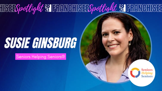 1851 Franchisee Spotlight graphic with photo of Susie Ginsburg and Seniors Helping Seniors logo