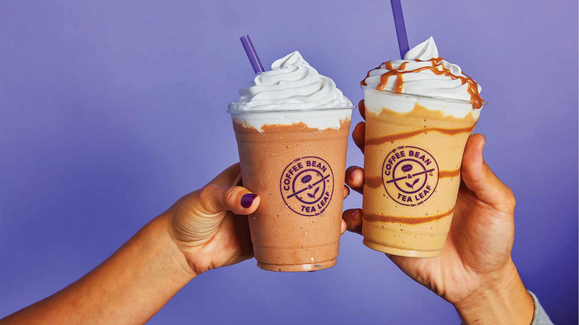 Photo of two The Coffee Bean & Tea Leaf beverages against a purple backdrop
