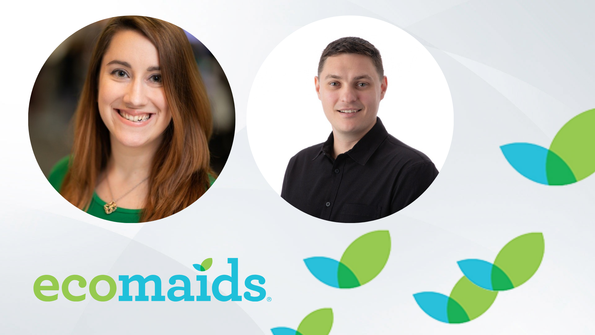 Design with ecomaids logo and headshots of Dustin and Ashley Anthony