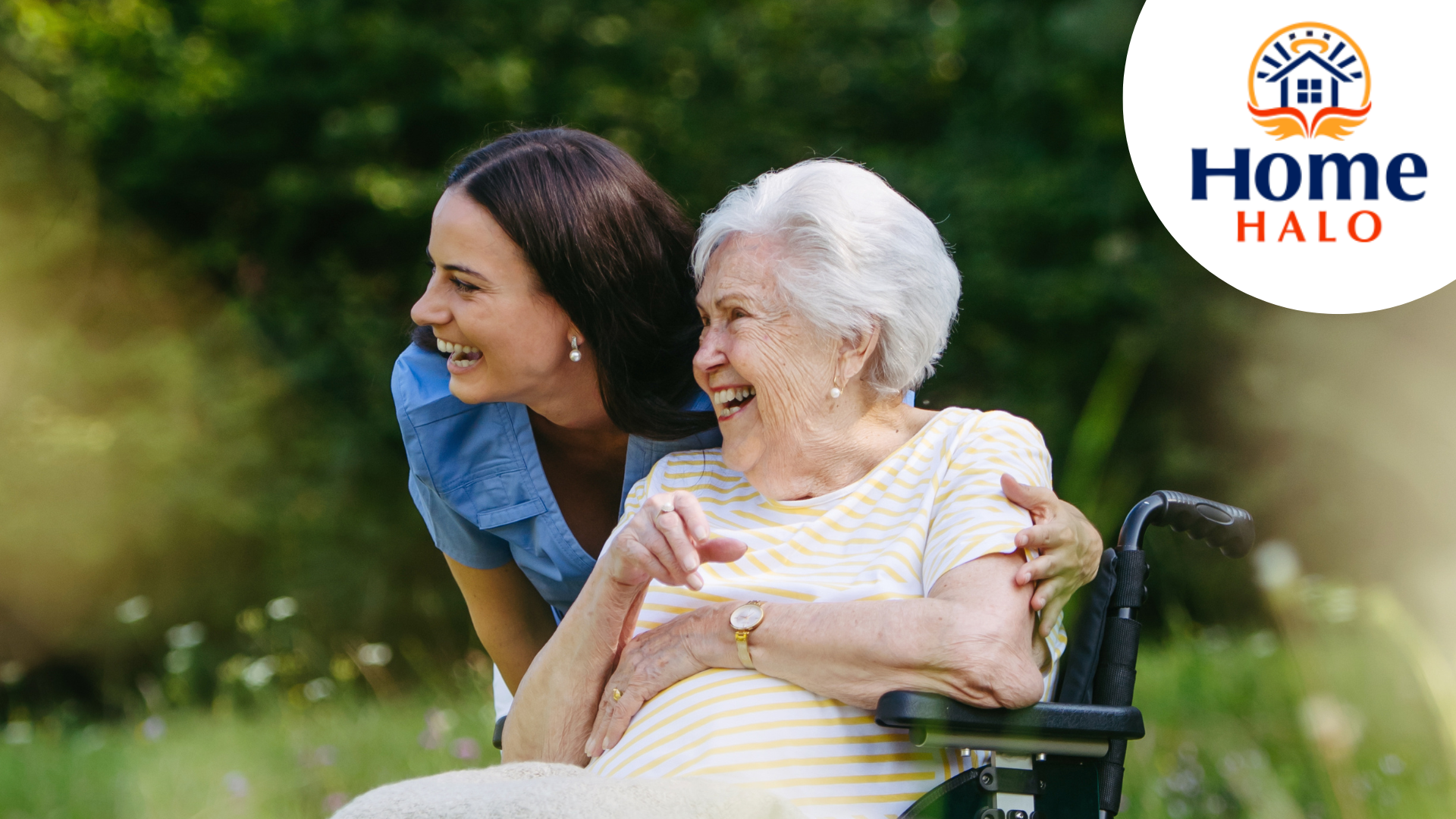 Design with photo of senior and caregiver, Home Halo logo