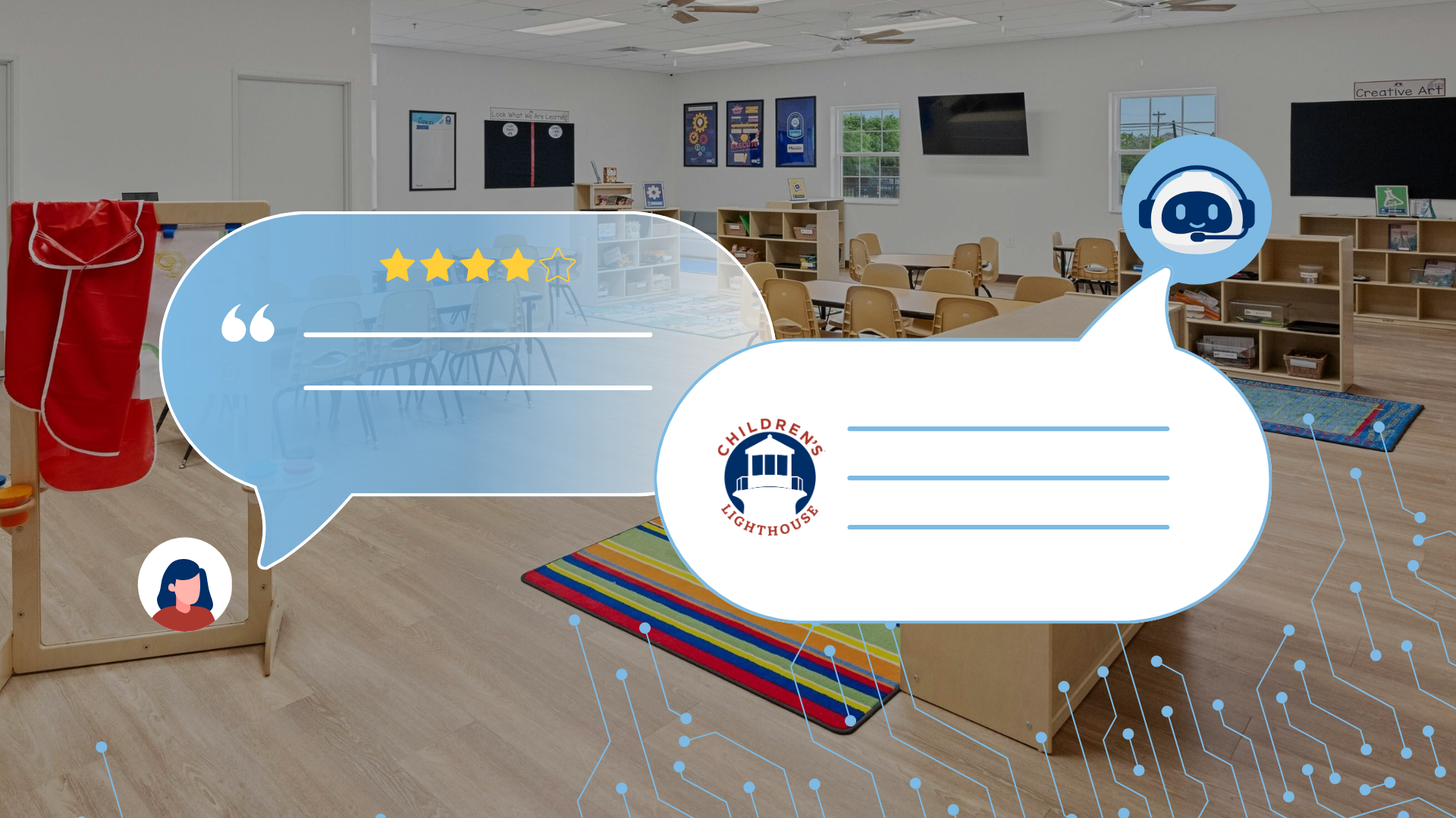 Design with photo of Children's Lighthouse classroom, support chat bubbles